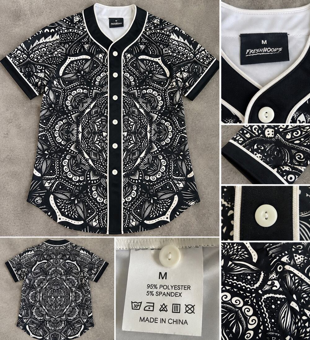 Freshhoods Men’s Black White Paisley Mandala Baseball Jersey Shirt Size M